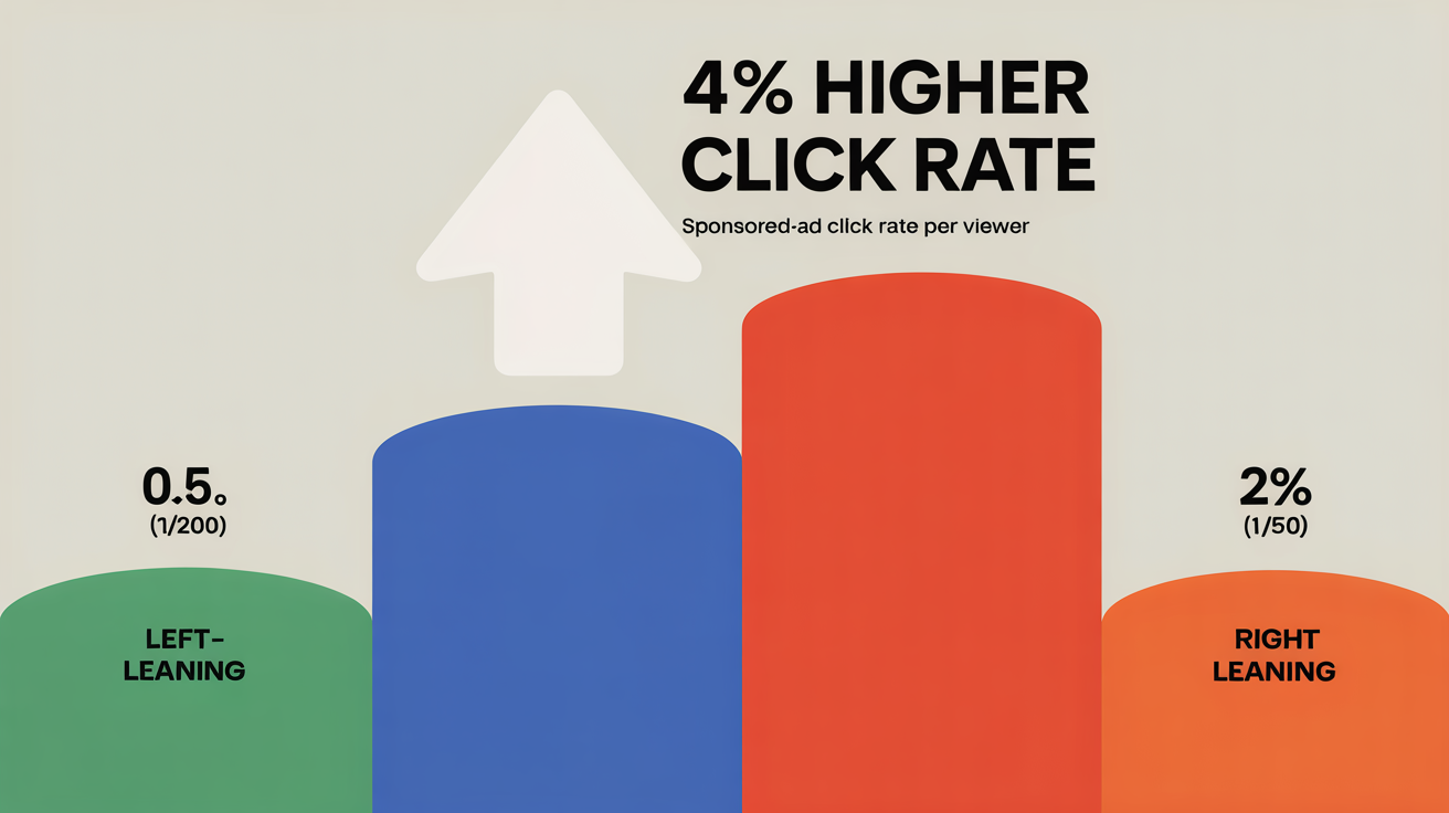 Two-bar infographic comparing sponsored-ad click rates: right-leaning 2% (1/50) vs left-leaning 0.5% (1/200), annotated 