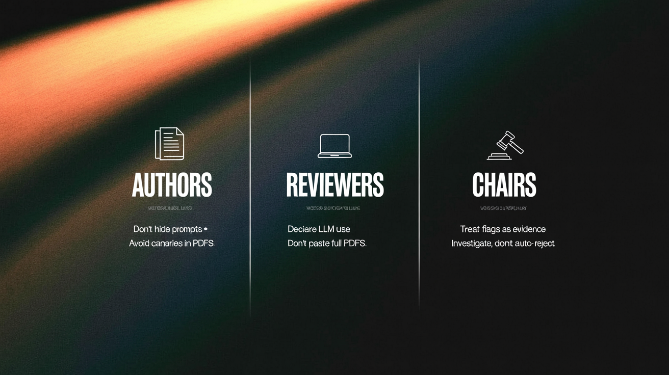 Three-panel checklist infographic: Authors, Reviewers, Chairs with 1-2 short action bullets each (e.g., 'Don't hide prompts', 'Declare LLM use', 'Investigate, don't auto-reject').