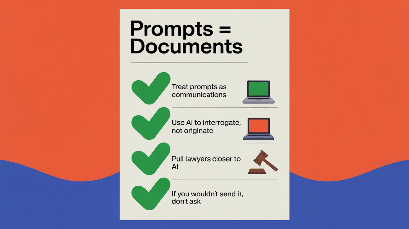 Checklist poster titled 'PROMPTS = DOCUMENTS' with four governance steps: treat prompts as communications; use AI to interrogate not originate; pull lawyers closer; if you wouldn't send it, don't ask.