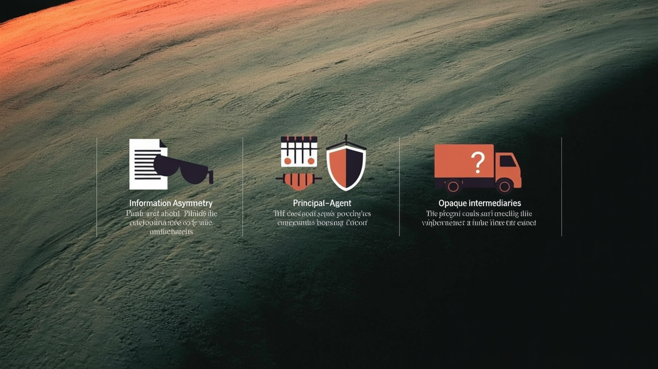 Three-panel infographic: Information asymmetry; Principal–agent; Opaque intermediaries — the three predictable failure points for export controls.