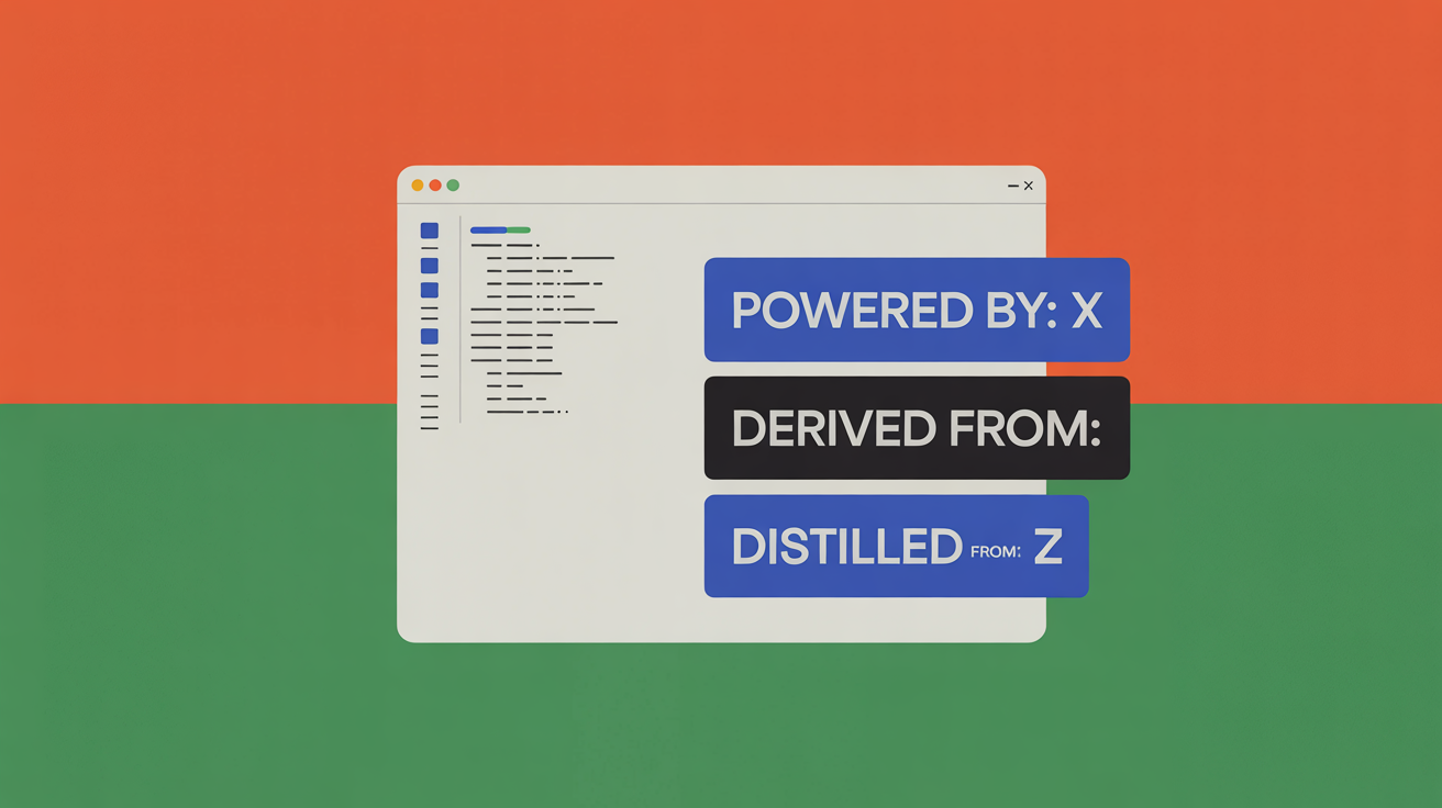Mockup of a code editor window with three provenance badges: 'POWERED BY: X', 'DERIVED FROM: Y', 'DISTILLED FROM: Z', illustrating an editor-level provenance badge.