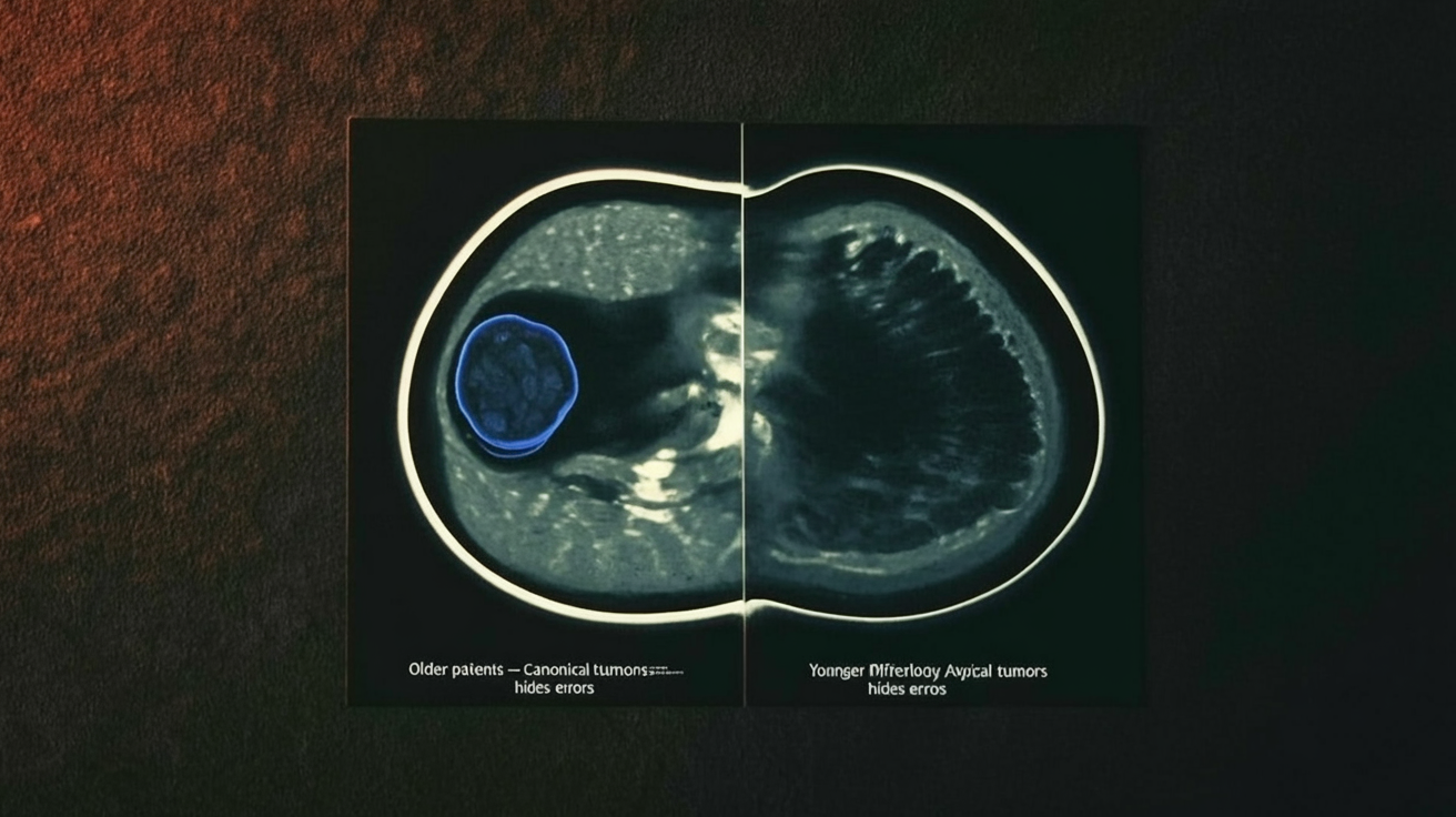 Split-panel infographic: left, a neat round tumor typical in older patients; right, a larger irregular tumor typical in younger patients, demonstrating qualitative differences in morphology.