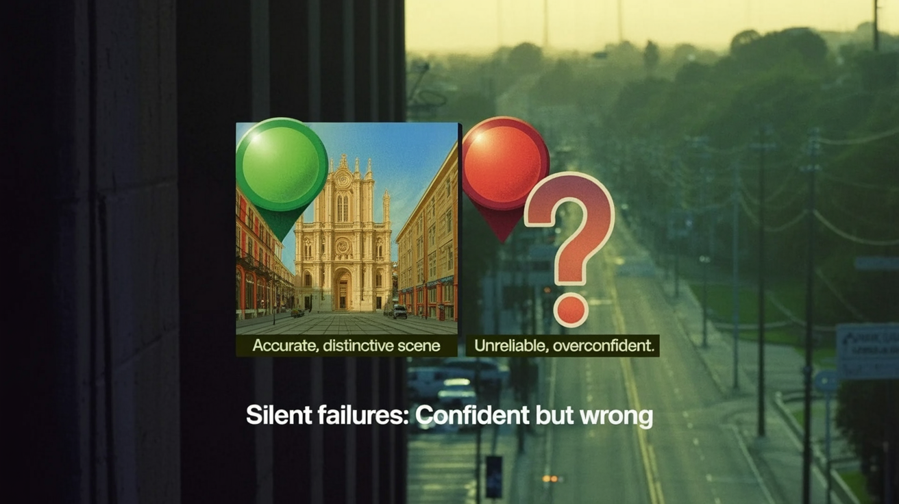 Split illustration: left side a clear landmark with accurate green pin; right side a generic scene with a red pin and question mark, captioned 'Silent failures: confident but wrong.'