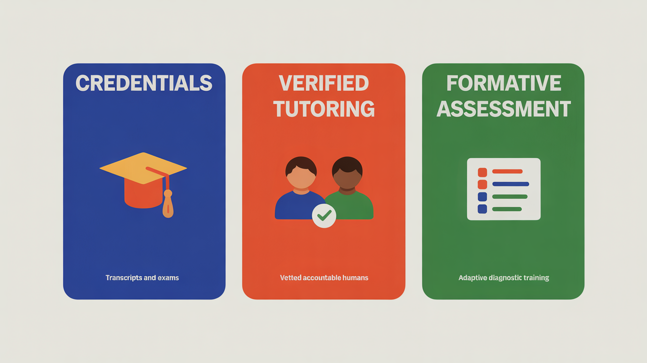 Three labeled icons: CREDENTIALS, VERIFIED TUTORING, FORMATIVE ASSESSMENT, showing the durable value props students and institutions will pay for.