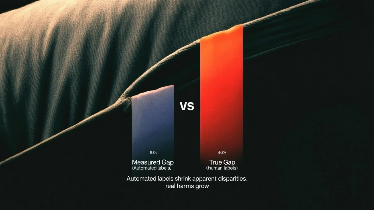 Infographic with two bars showing a small measured disparity (automated labels) versus a much larger true disparity (human labels).