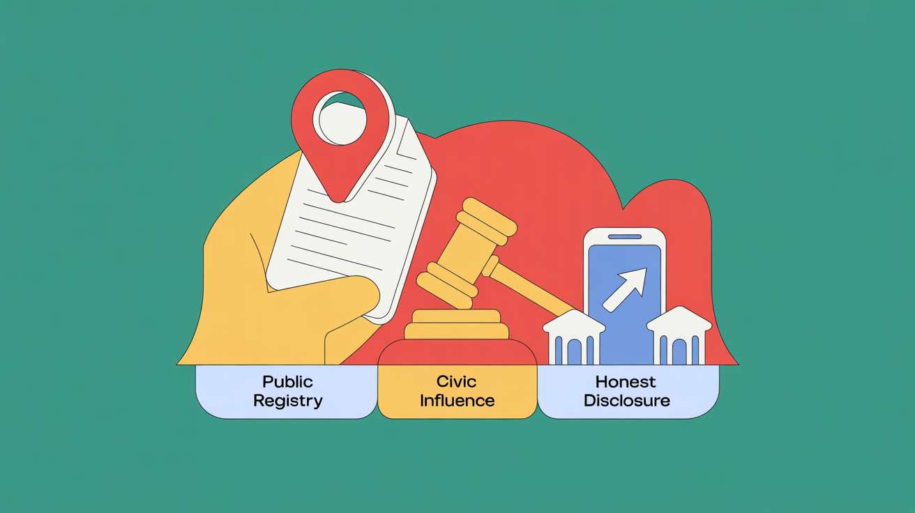 Three-panel infographic showing Public registry, Civic influence, and Honest disclosure as proposed infrastructure norms