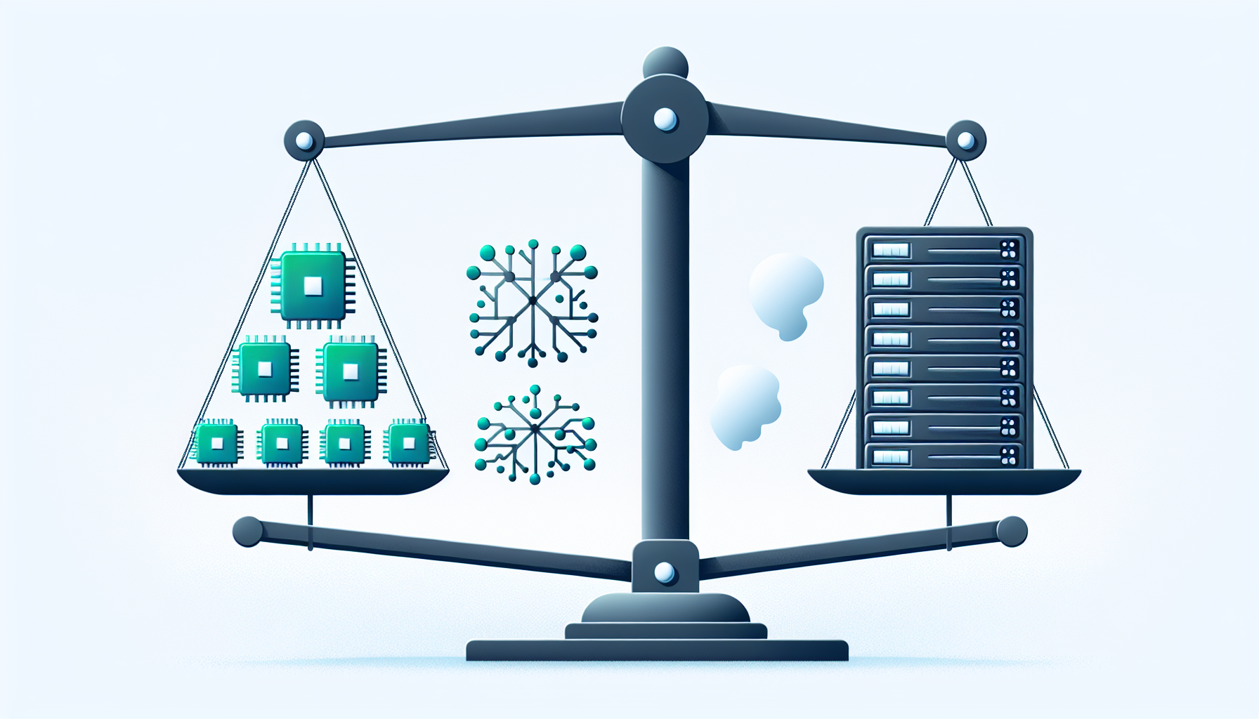 Minimalist illustration of a seesaw where many small model chips are outweighed by a single large GPU server rack, indicating value shifting to hardware.