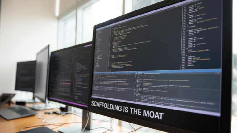 Developer workstation with multiple terminal windows and code editors open; bold caption 'SCAFFOLDING IS THE MOAT' at the bottom.