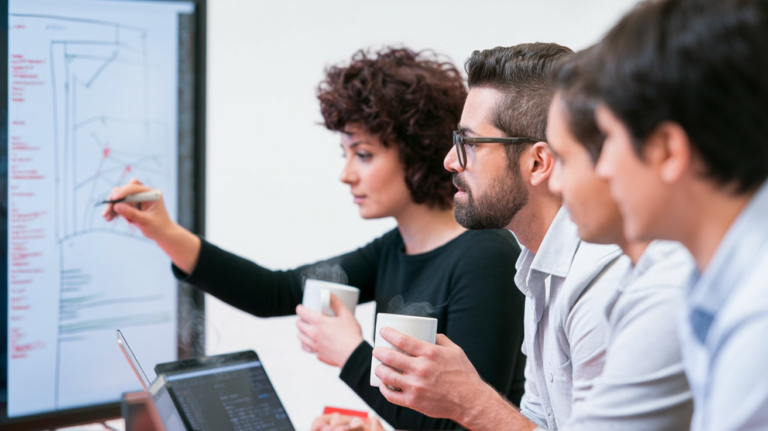 A small diverse team of software engineers gathered around a whiteboard, pointing at diagrams and discussing design.