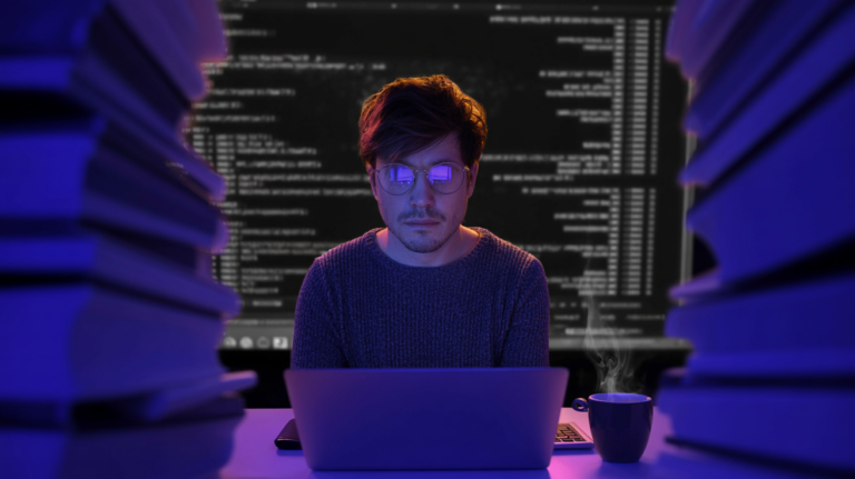 Developer working in a terminal at a desk in a dimly lit office