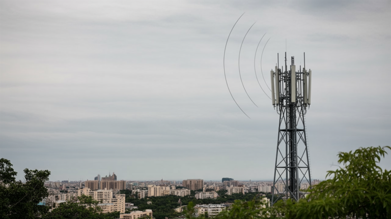 City skyline with a cell tower in the foreground symbolizing a fake cell tower SMS blaster threat