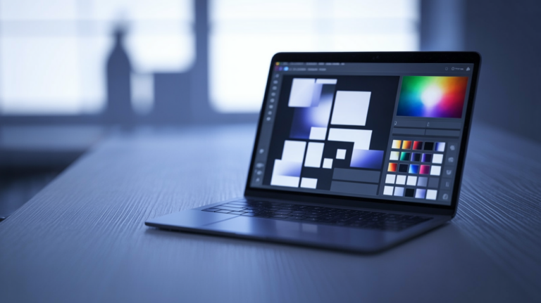 Editorial image of a designer laptop interface suggesting AI-assisted visual work