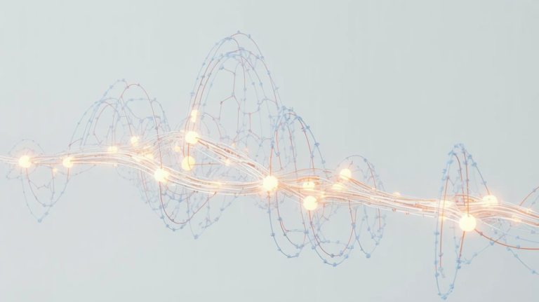 Abstract research-map style illustration of neural network training dynamics and scientific structure.