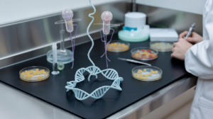 Bacteriophages and DNA imagery in a lab setting representing AI-generated phages tested against E. coli