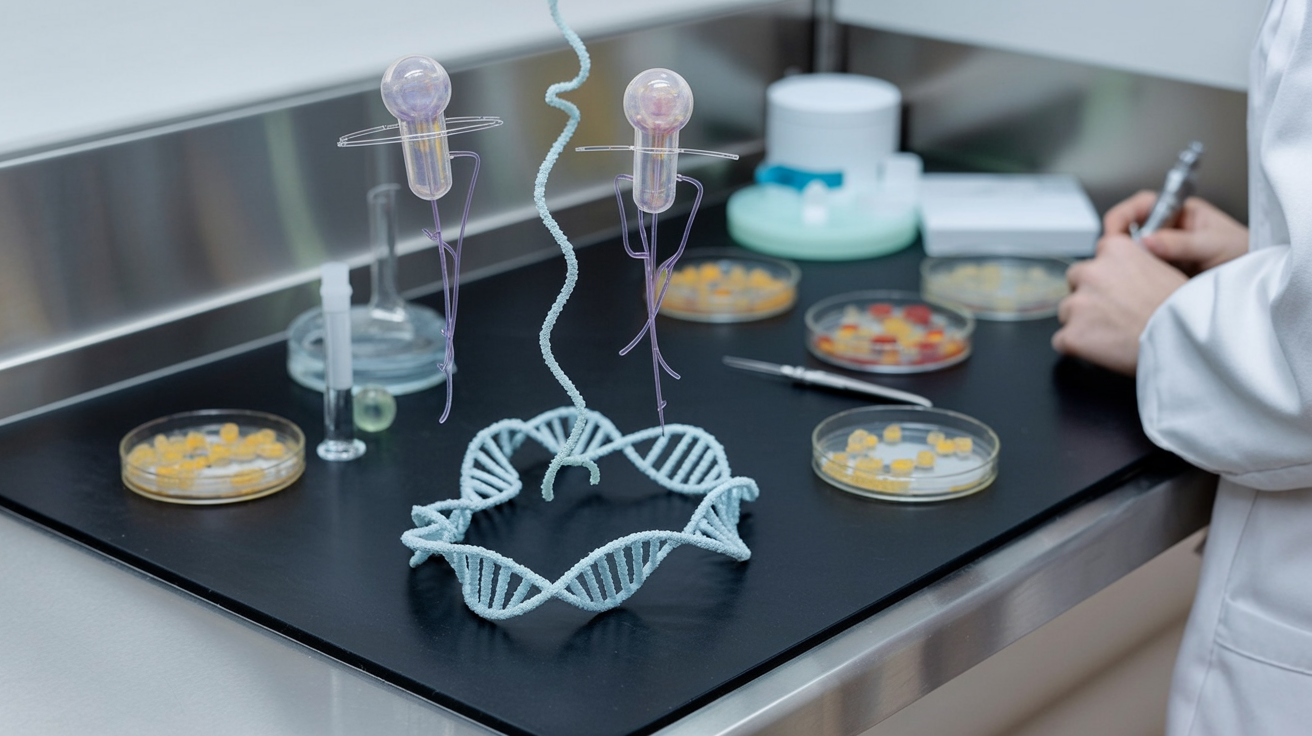 Bacteriophages and DNA imagery in a lab setting representing AI-generated phages tested against E. coli