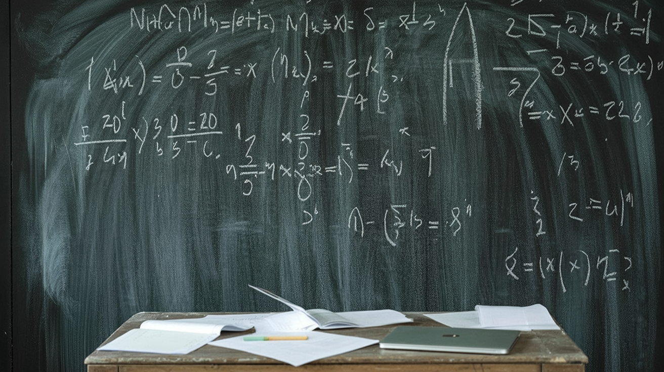 A chalkboard covered in mathematics notes and equations in a dim academic room.