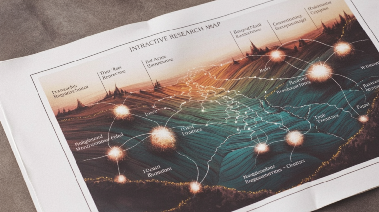 An editorial illustration of research papers arranged as a navigable topographic map with labeled clusters and contour-like neighborhoods.