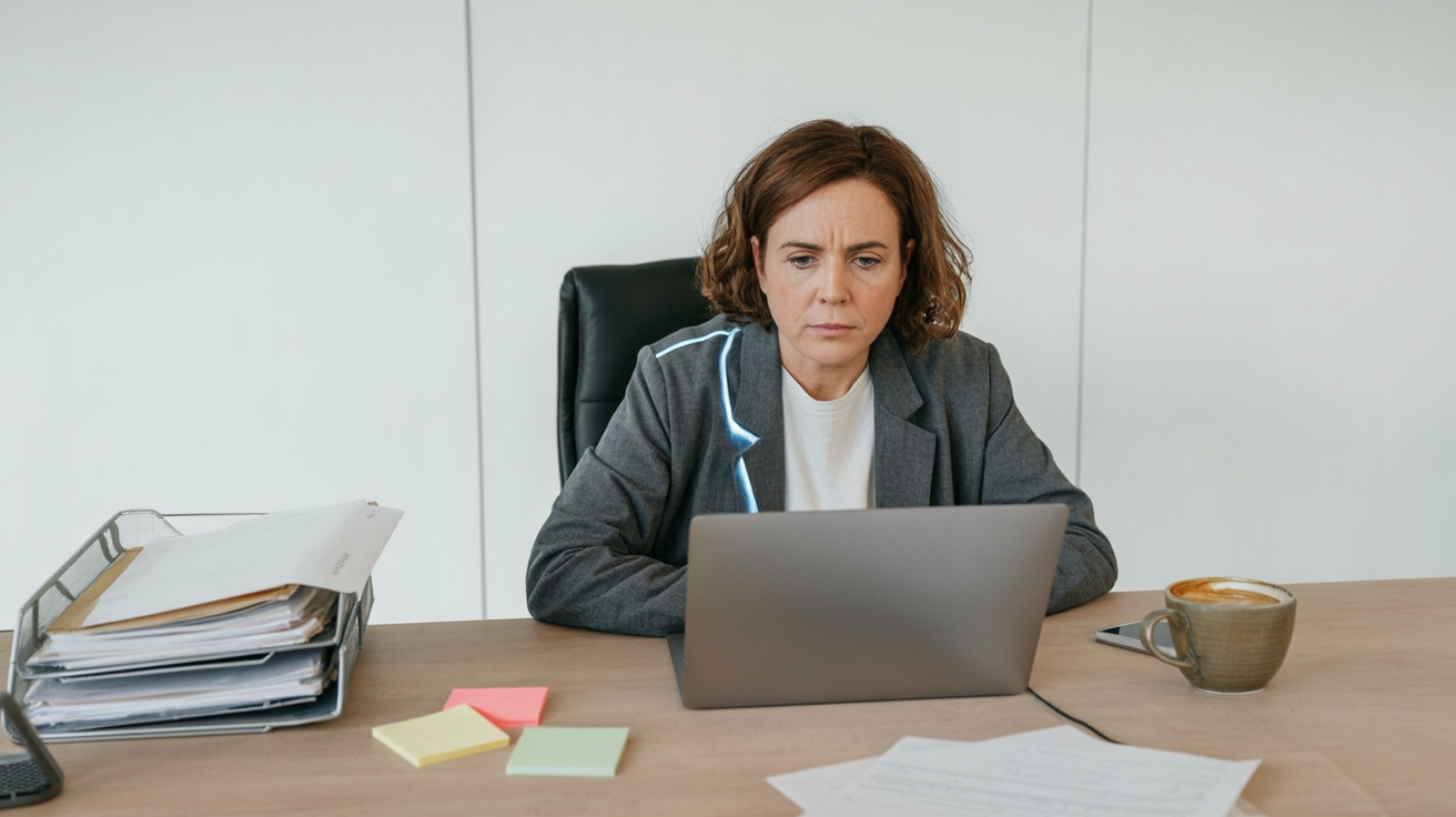 Office worker at a laptop looking confused while a chatbot interface glows on the screen.