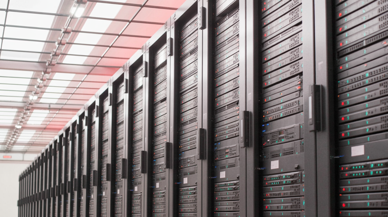 Rows of server racks in a Chinese data center with blue lighting and status LEDs.