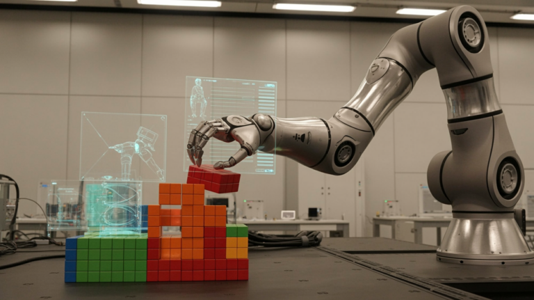Editorial-style image of an industrial robot arm in a simulation lab with holographic overlays showing block states and trajectories.