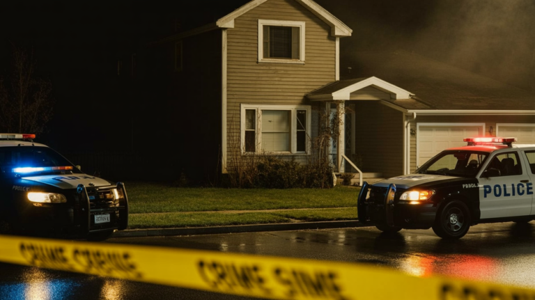 Suburban house at night with police cars and crime-scene tape, suggesting a targeted attack on a local resident linked to a data-center dispute.
