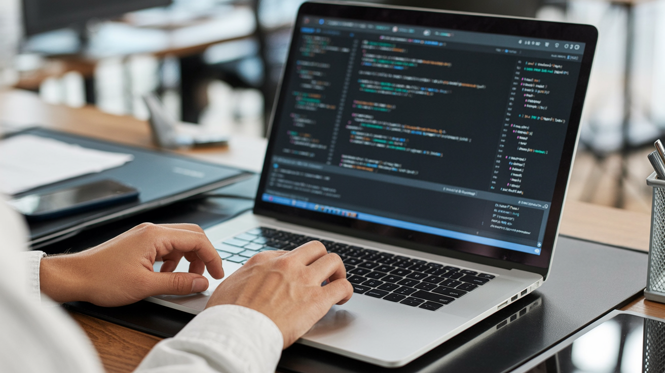 Close-up editorial-style image of a developer's hands over a laptop showing a code editor and blinking cursor.