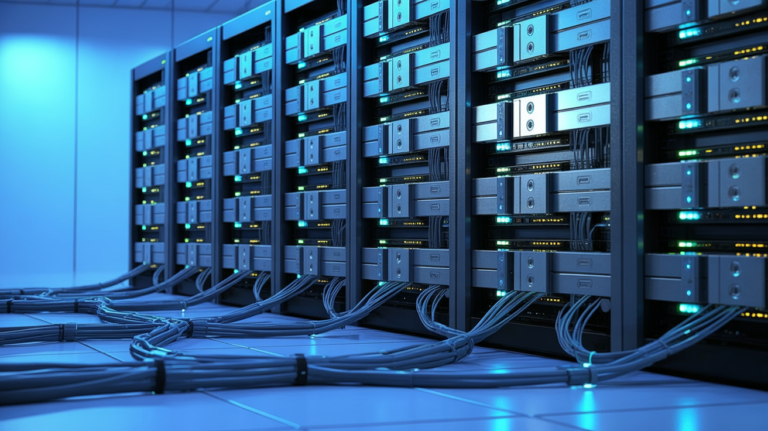 Close-up of GPU server racks in a data center