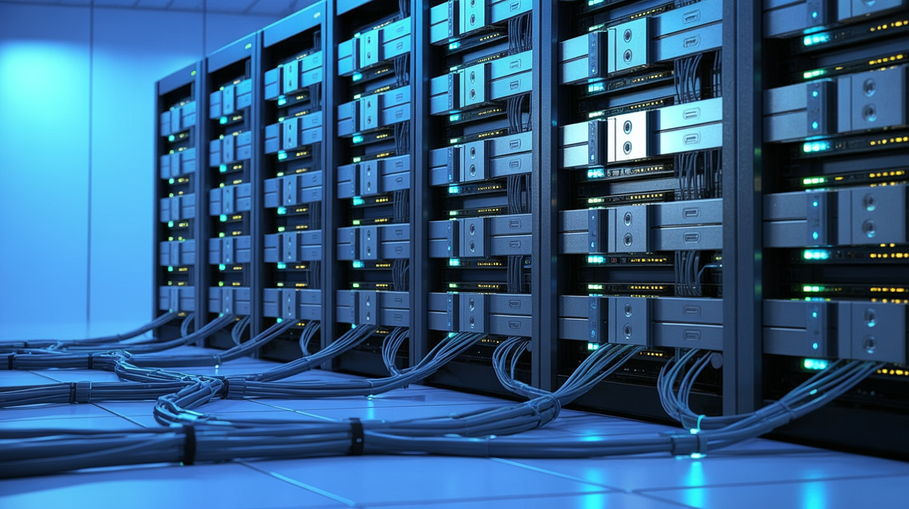 Close-up of GPU server racks in a data center