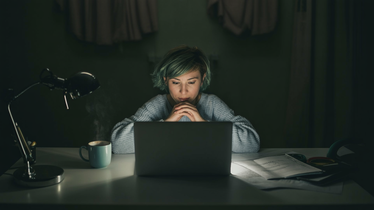Person working late at night on a laptop in a dimly lit room