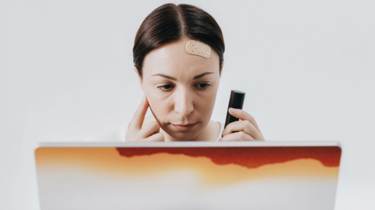 Editorial portrait of an ALS patient using a communication device, seated before a glowing screen