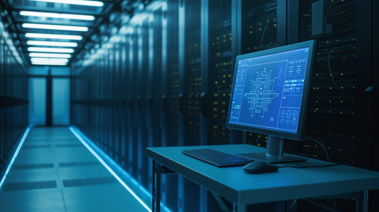 An isolated terminal glowing inside an empty server room