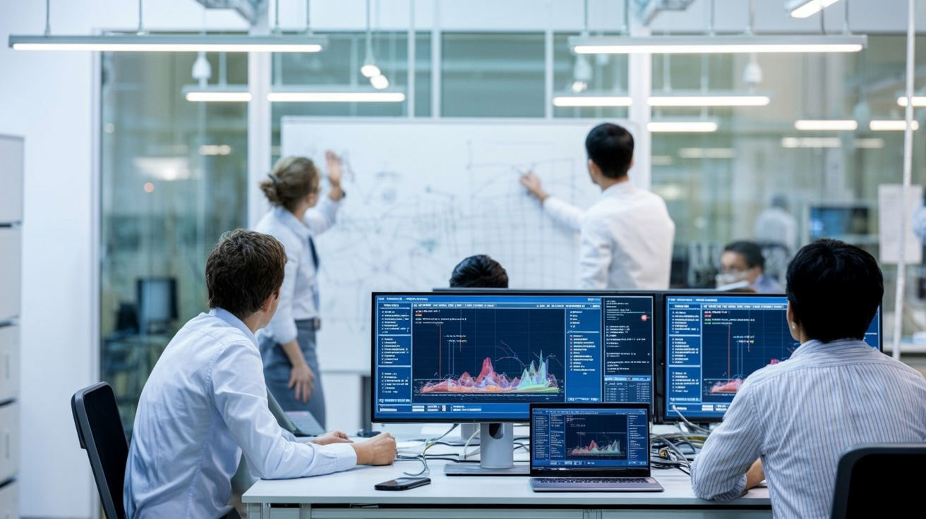 Researchers working in a machine learning research lab with monitors and whiteboards