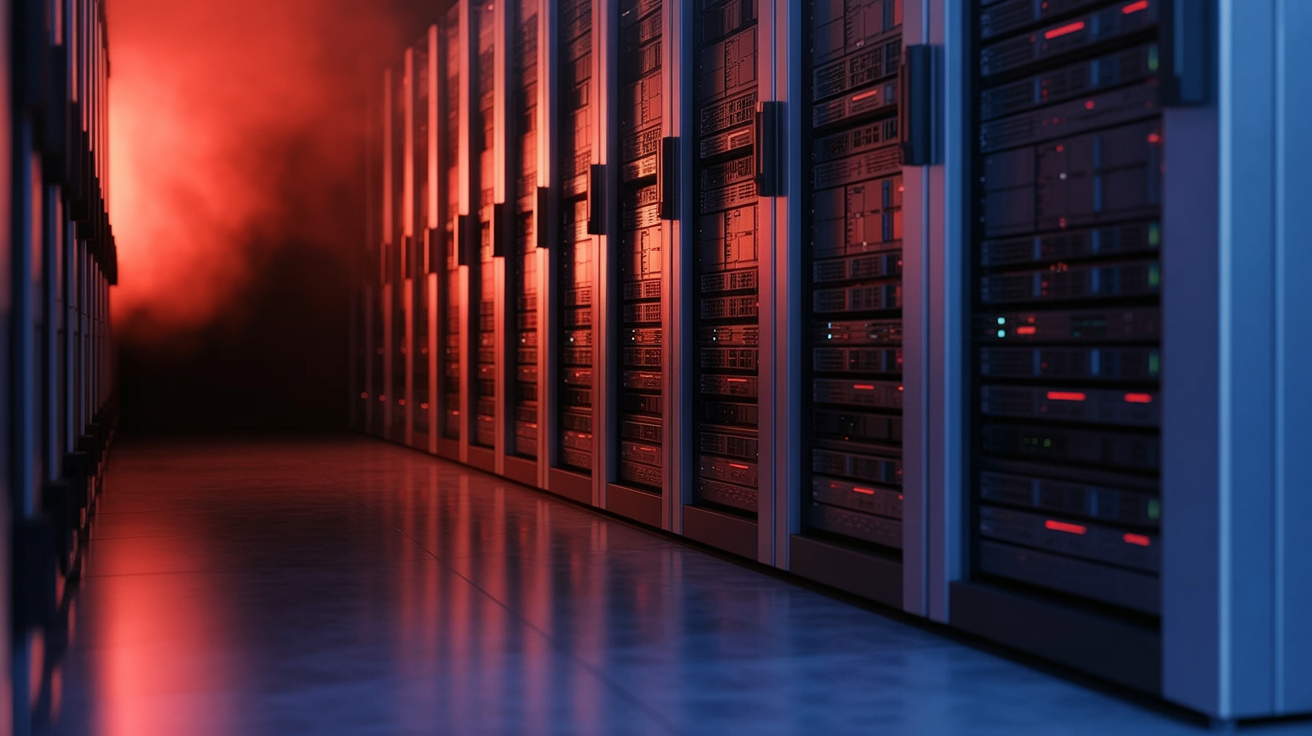 Red-lit server room with rows of glowing racks