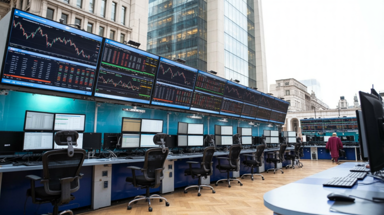 London office with multiple trading screens showing charts and data, moody blue lighting.