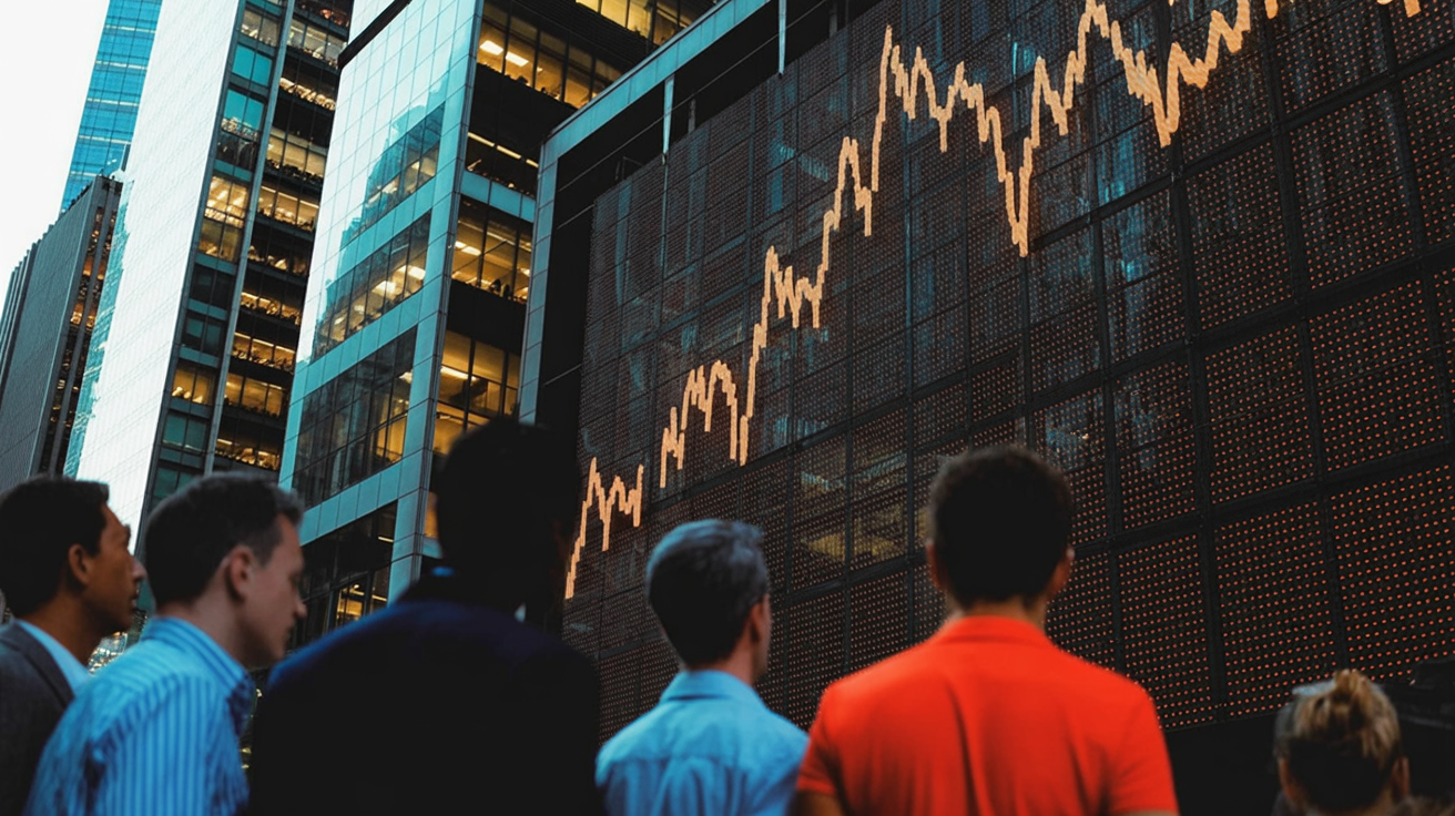 Crowd in a financial district facing stock market screens and office towers, suggesting public wealth tied to market gains.