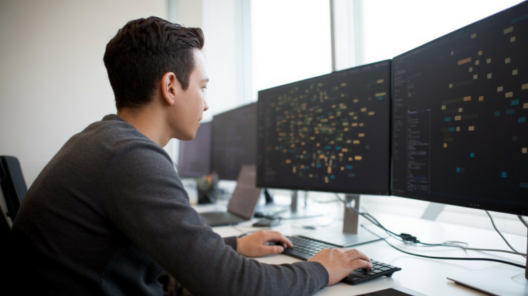 Programmer working across multiple monitors in a tense coding environment