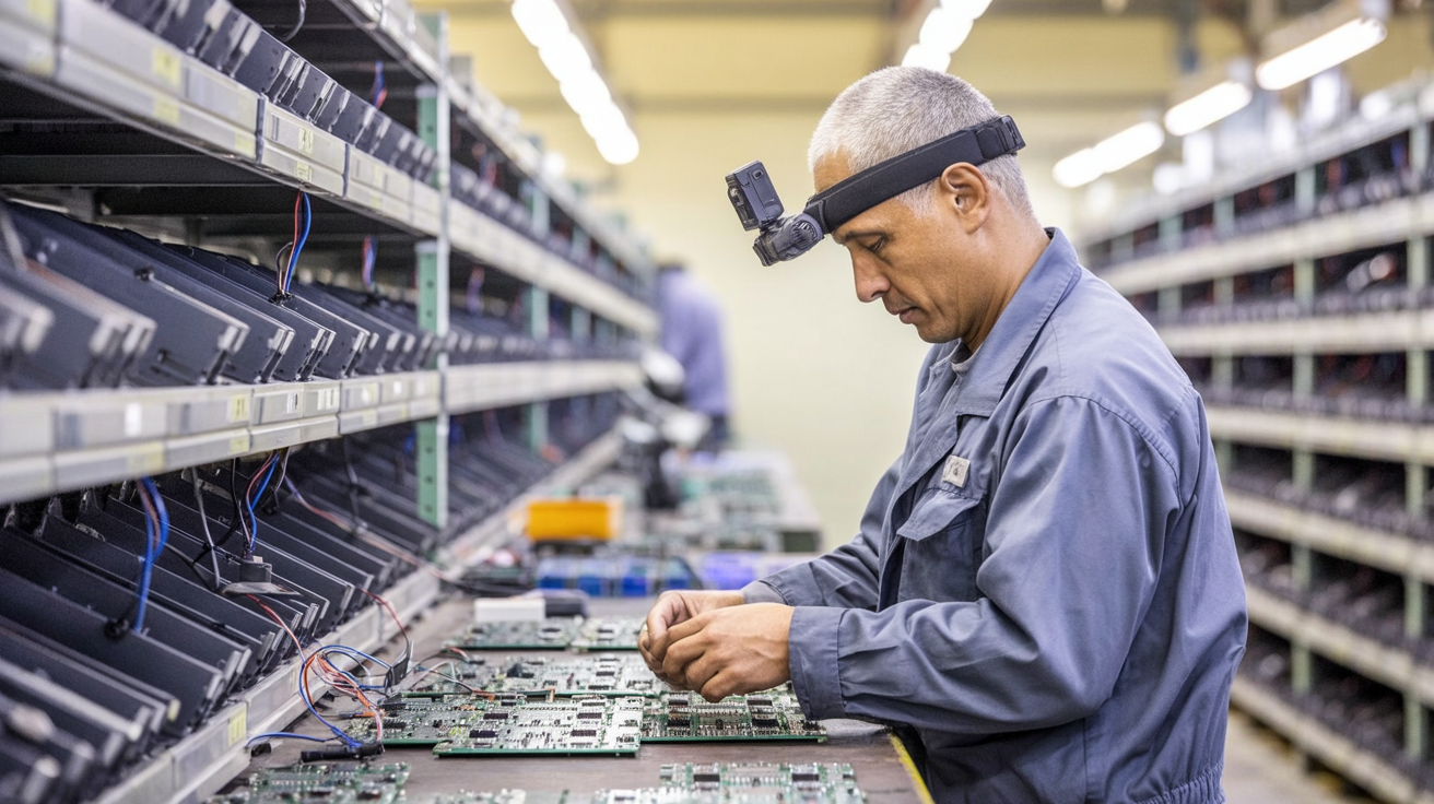 Factory worker wearing a head-mounted camera while doing manual labor
