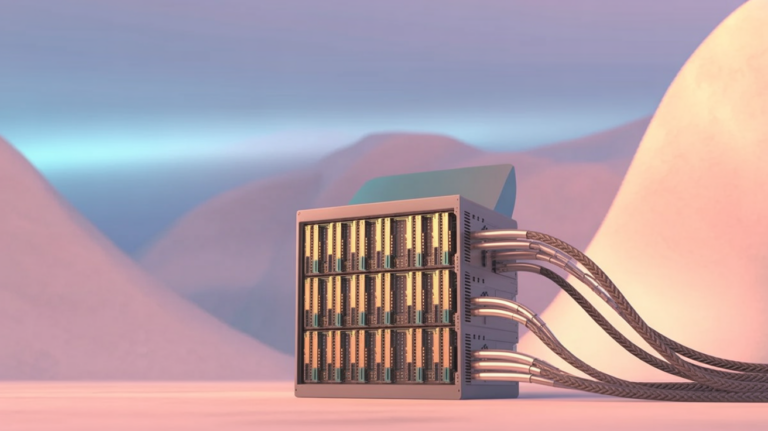 Close-up editorial image of GPU servers in a datacenter with dramatic blue and amber lighting.