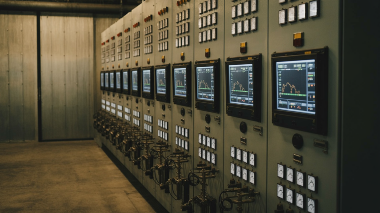 Industrial control room panels and monitoring screens
