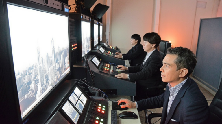 A live video control room with operators and multiple screens showing video feeds.