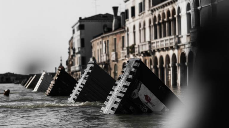 Venice flood barriers protecting a historic waterfront during high water