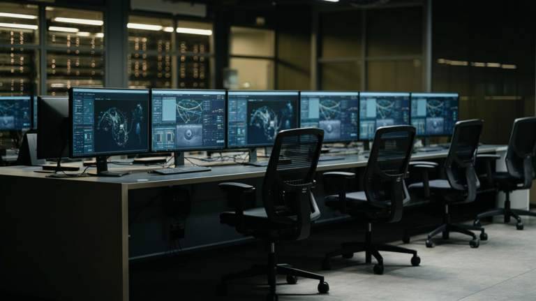 A security operations center with multiple monitoring screens in a dark, blue-lit room