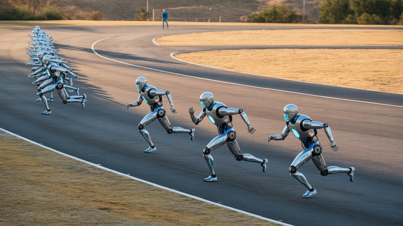 Humanoid robots running on a track during a competition