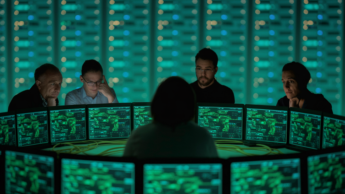Editorial photograph of software engineers reviewing data pipeline visualizations on laptops and monitors.