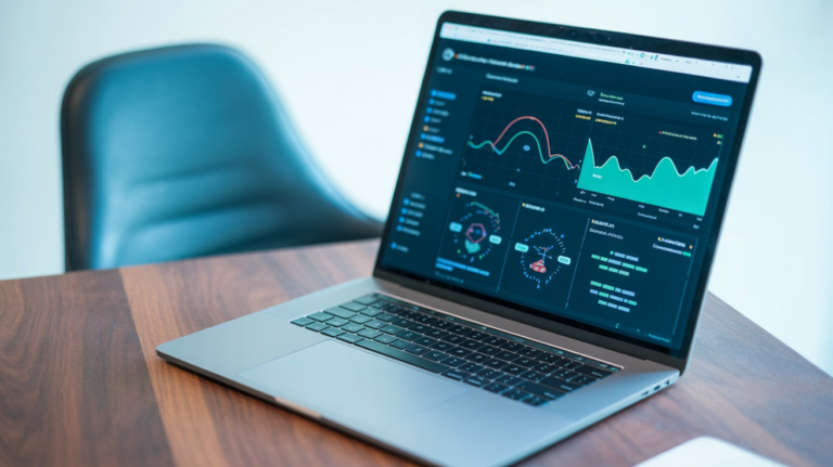 Laptop displaying a cybersecurity dashboard in a dark office setting