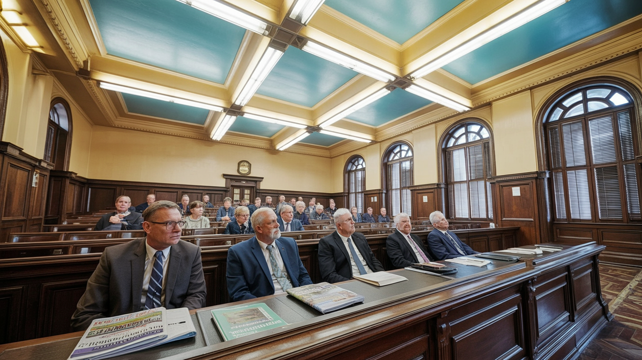 A small town council meeting in a modest public chamber with residents seated and council members at the dais.