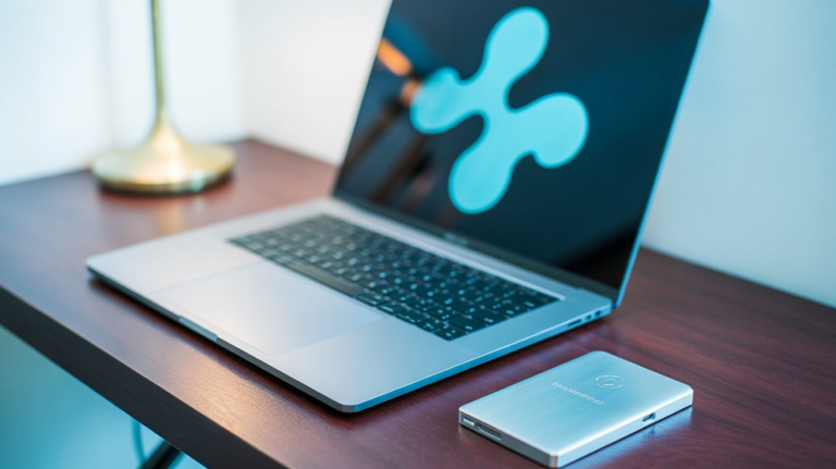 Laptop beside a crypto hardware wallet in a warning-themed scene