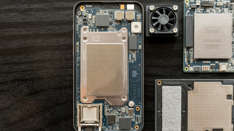 Smartphone circuit board with cooling hardware on a workbench