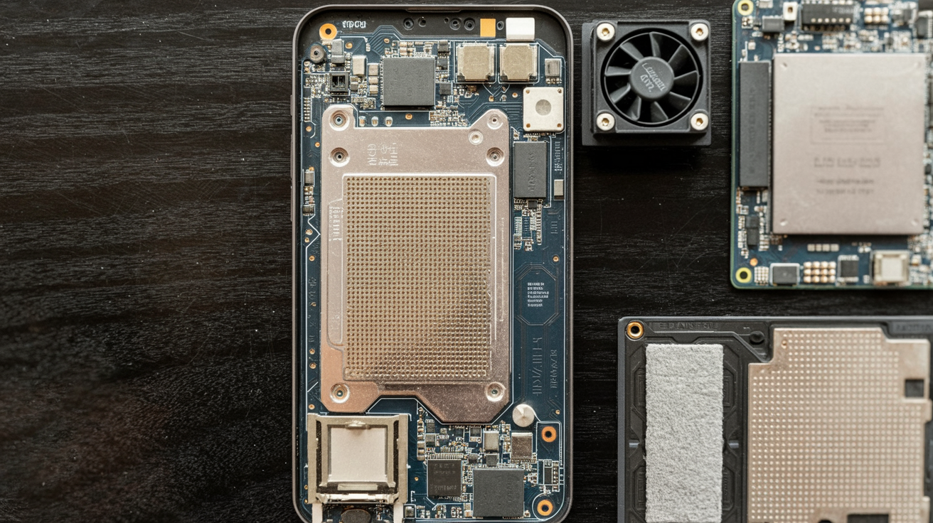 Smartphone circuit board with cooling hardware on a workbench