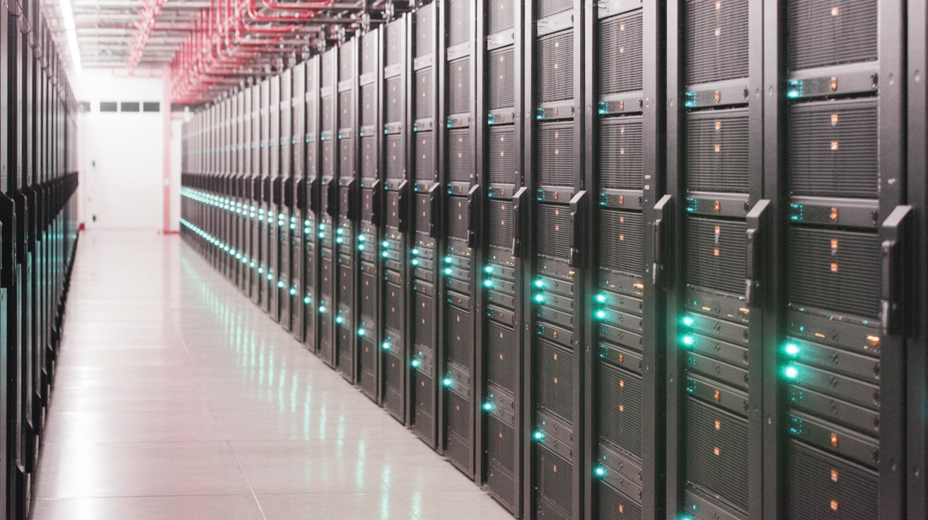 Rows of server racks in a modern data center with blue lighting